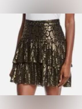 A.L.C. Silk Black and Gold Baxter Tiered Mini Skirt size 2.